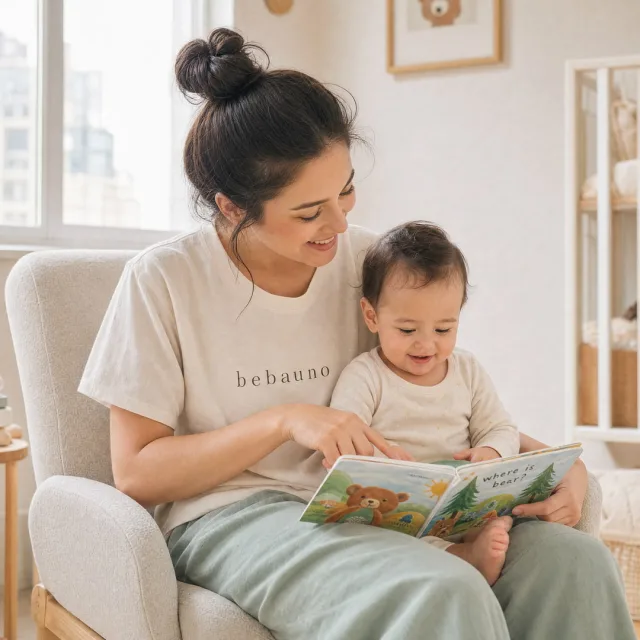 A mother reading a picture book to her baby