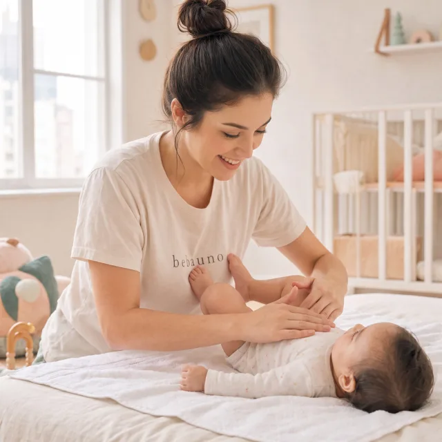 A mother massaging her baby